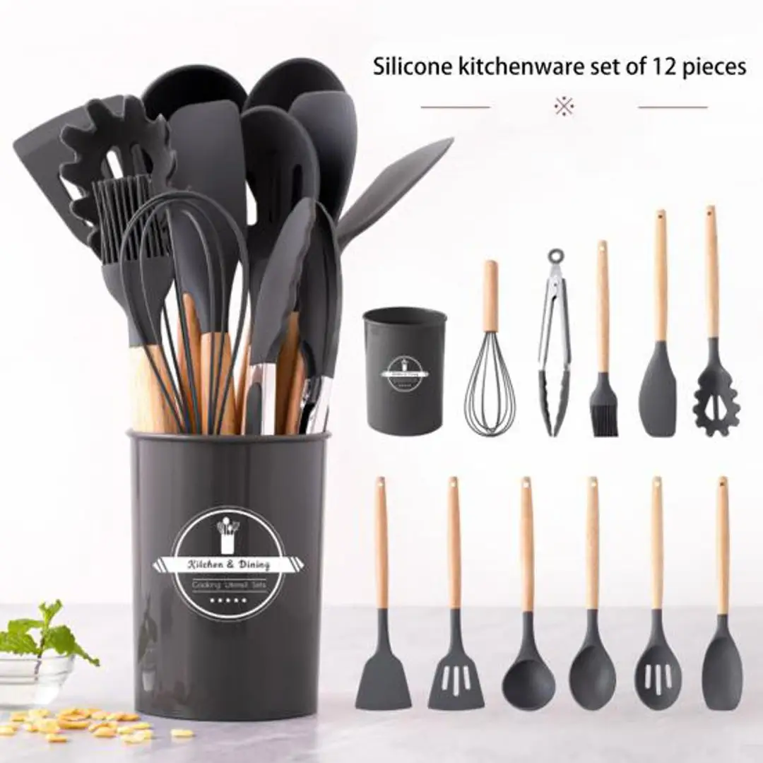 High Quality 12 Pcs Silicone Kitchen Utensil Set with Wooden Handles | Heat Resistant BPA Free Non-Stick Cooking Tools | Spatula, Turner, Spoon, Tongs, Whisk & Brush