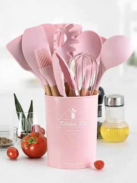 High Quality 12 Pcs Silicone Kitchen Utensil Set with Wooden Handles | Heat Resistant BPA Free Non-Stick Cooking Tools | Spatula, Turner, Spoon, Tongs, Whisk & Brush - Image 2