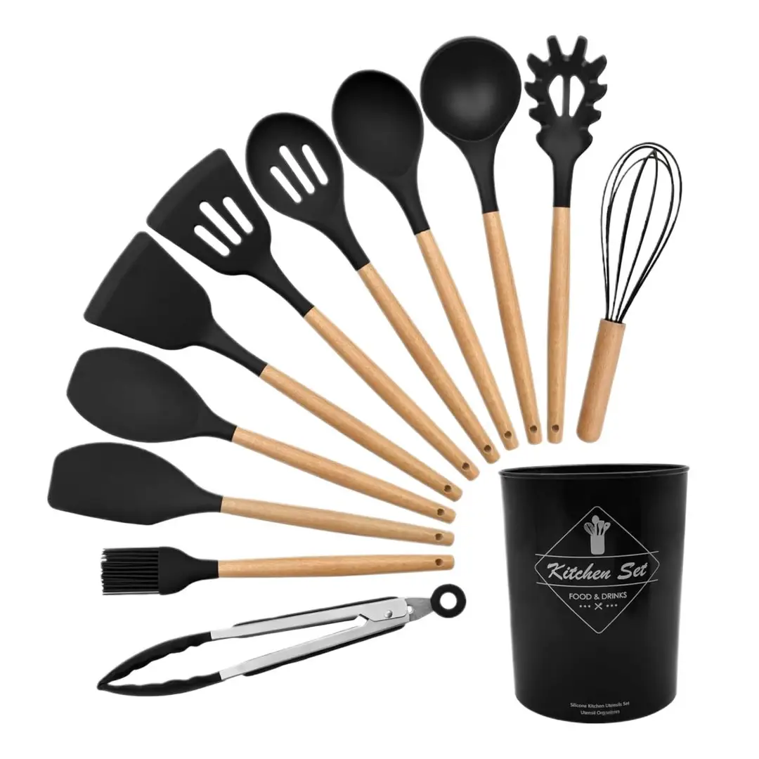 High Quality 12 Pcs Silicone Kitchen Utensil Set with Wooden Handles | Heat Resistant BPA Free Non-Stick Cooking Tools | Spatula, Turner, Spoon, Tongs, Whisk & Brush - Image 3