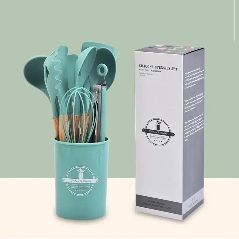High Quality 12 Pcs Silicone Kitchen Utensil Set with Wooden Handles | Heat Resistant BPA Free Non-Stick Cooking Tools | Spatula, Turner, Spoon, Tongs, Whisk & Brush - Image 4