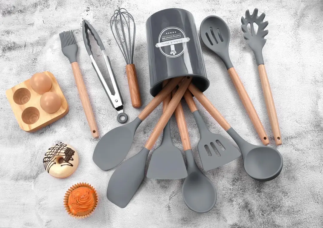 High Quality 12 Pcs Silicone Kitchen Utensil Set with Wooden Handles | Heat Resistant BPA Free Non-Stick Cooking Tools | Spatula, Turner, Spoon, Tongs, Whisk & Brush - Image 6