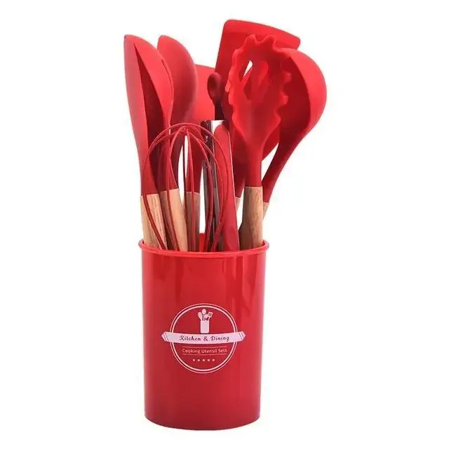 High Quality 12 Pcs Silicone Kitchen Utensil Set with Wooden Handles | Heat Resistant BPA Free Non-Stick Cooking Tools | Spatula, Turner, Spoon, Tongs, Whisk & Brush - Image 7