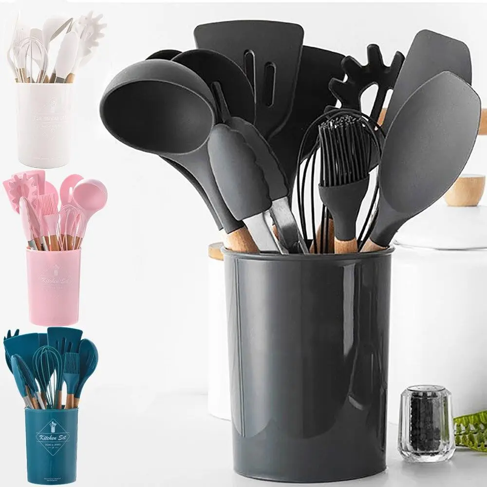 High Quality 12 Pcs Silicone Kitchen Utensil Set with Wooden Handles | Heat Resistant BPA Free Non-Stick Cooking Tools | Spatula, Turner, Spoon, Tongs, Whisk & Brush - Image 8