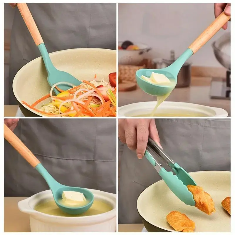 High Quality 12 Pcs Silicone Kitchen Utensil Set with Wooden Handles | Heat Resistant BPA Free Non-Stick Cooking Tools | Spatula, Turner, Spoon, Tongs, Whisk & Brush - Image 9
