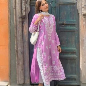 Pink Embroidered Kurta Set for Women Casual Wear
