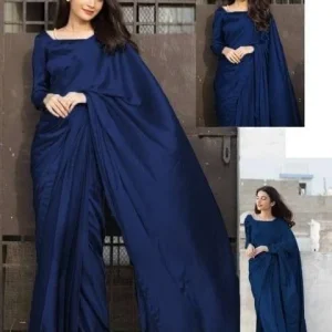 Stitched Saree in Blue Silk - 1 Pc Elegant Plain Design