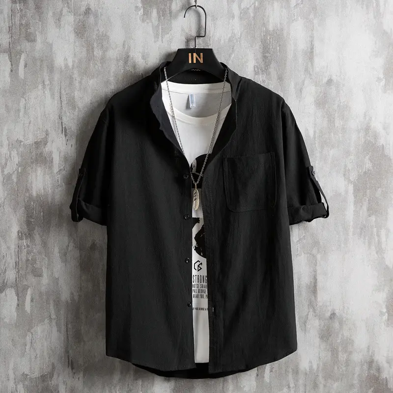 Men Plus Size Solid Green Short Sleeve Shirt Summer Cotton - Image 3