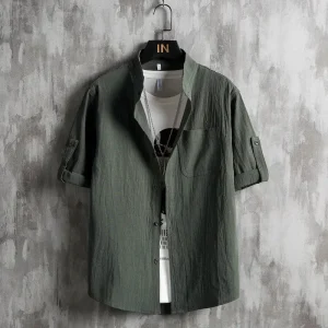 Men Plus Size Solid Green Short Sleeve Shirt Summer Cotton