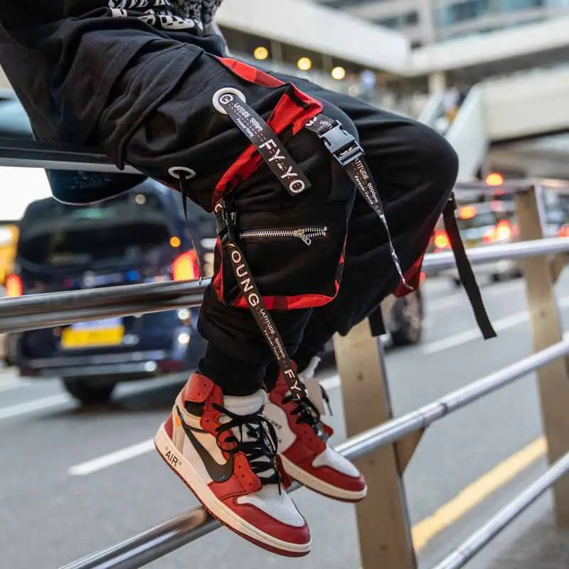 Men Loose Cargo Pants Black Red Multi-Pocket Winter - Image 3