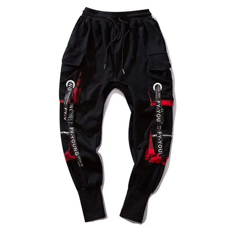 Men Loose Cargo Pants Black Red Multi-Pocket Winter - Image 5