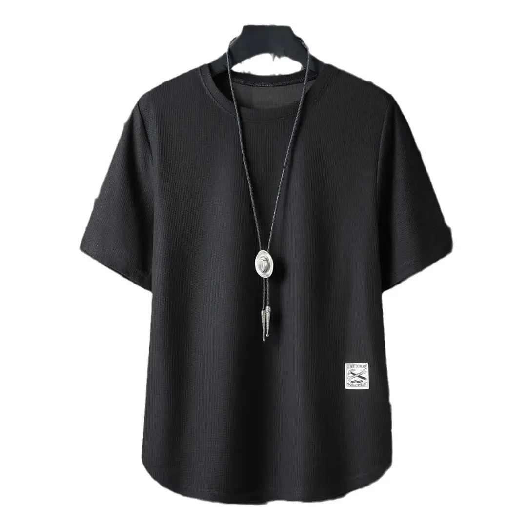 Men Waffle Short Sleeve T-Shirt Loose Breathable Plus Size Black - Image 5