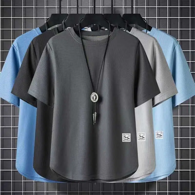 Men Waffle Short Sleeve T-Shirt Loose Breathable Plus Size Black