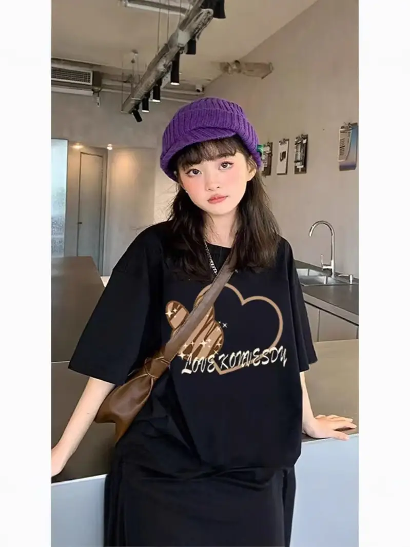 Girls Loose Printed T-Shirt Summer Black Letters - Image 2