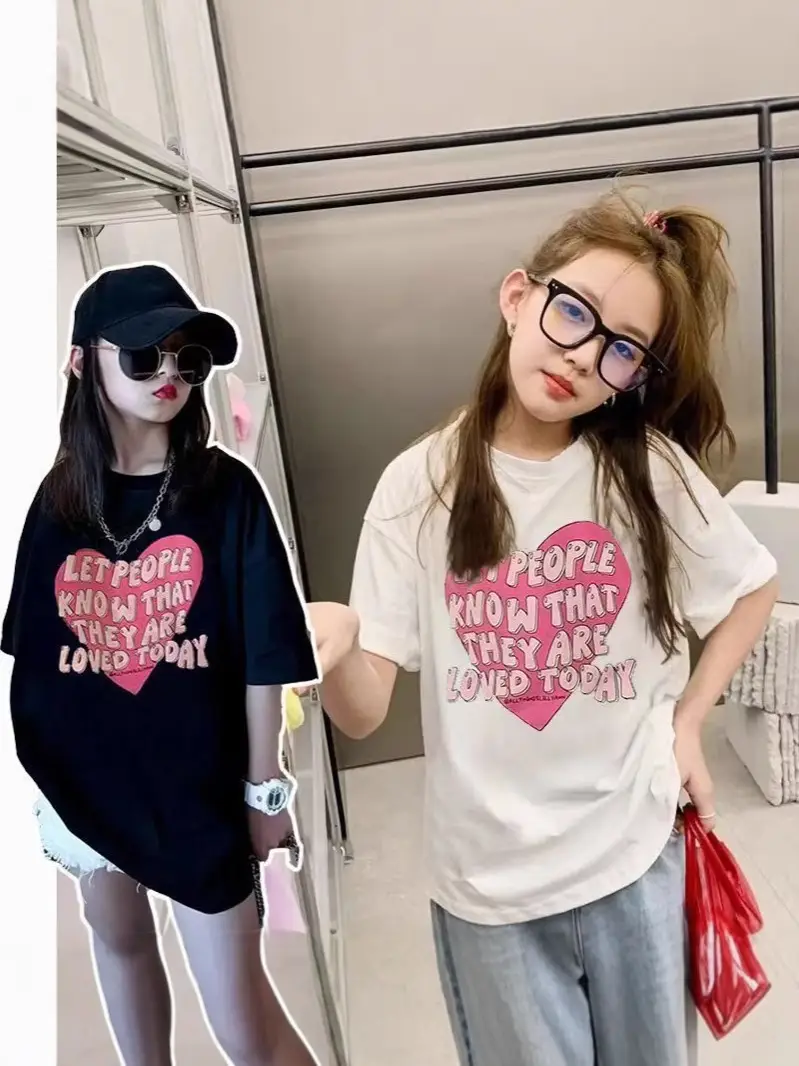 Girls Loose Printed T-Shirt Summer Black Letters - Image 3