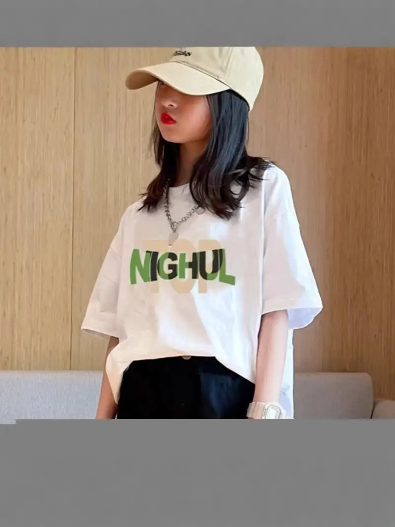 Girls Loose Printed T-Shirt Summer Black Letters - Image 5