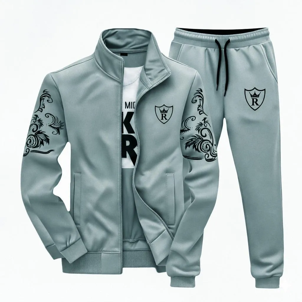 Men Fleece Printed Track Suit Grey Slim Fit Winter