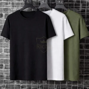 Premium Pack of 3 Crew Neck T-Shirts Black White Olive Green