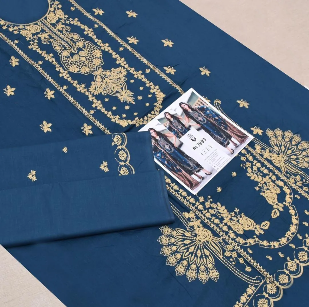 Women's Green Embroidered Lawn Suit with Gold Dupatta - Image 2