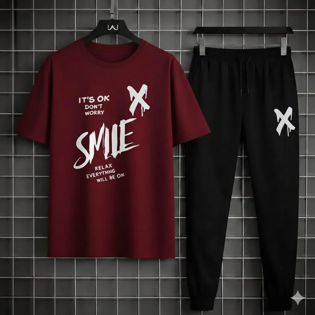 Men Maroon Printed Track Suit with "SMILE" Graphic