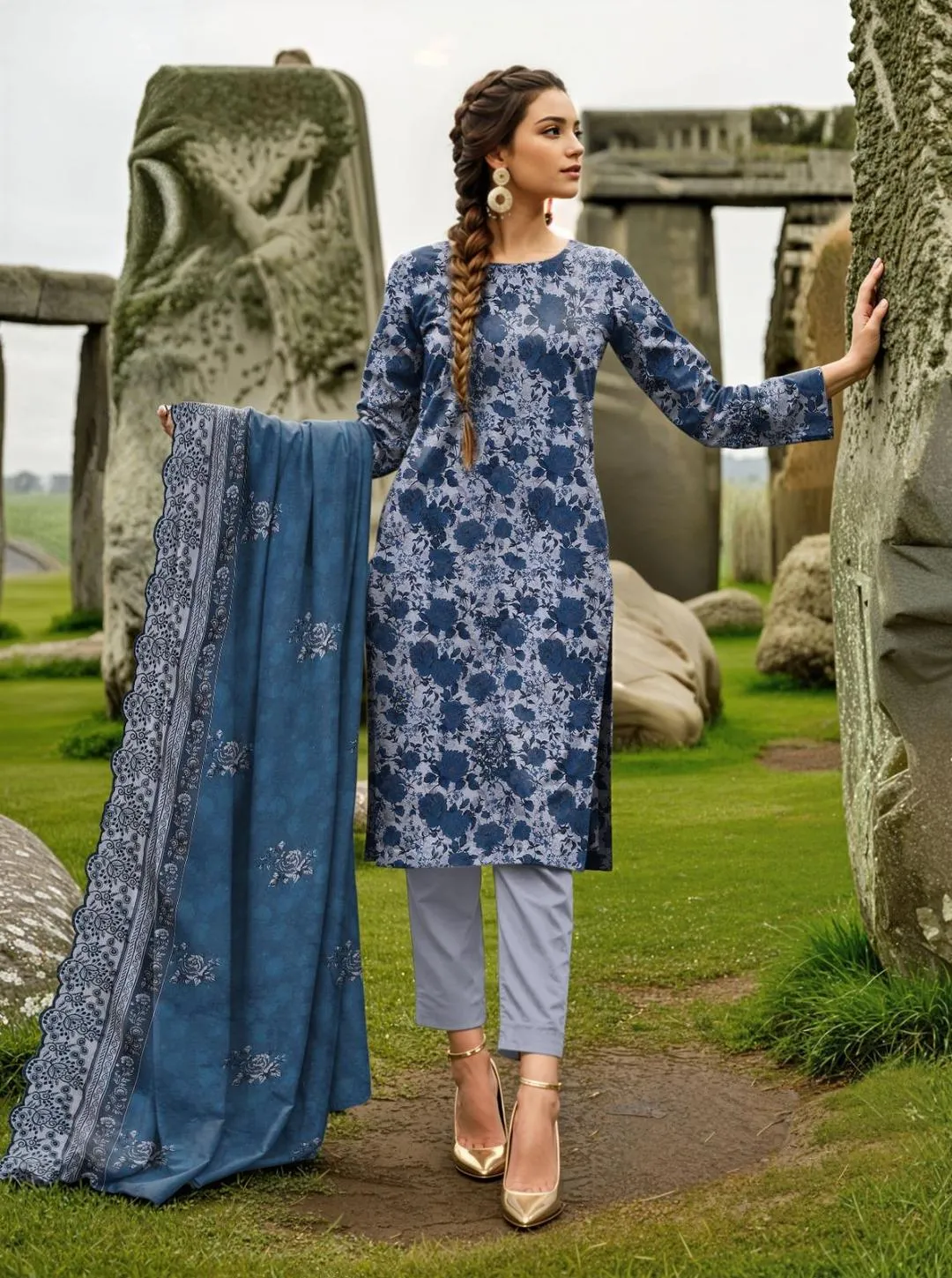 Grey Printed Embroidered 3-Piece Lawn Suit for Women - Image 2