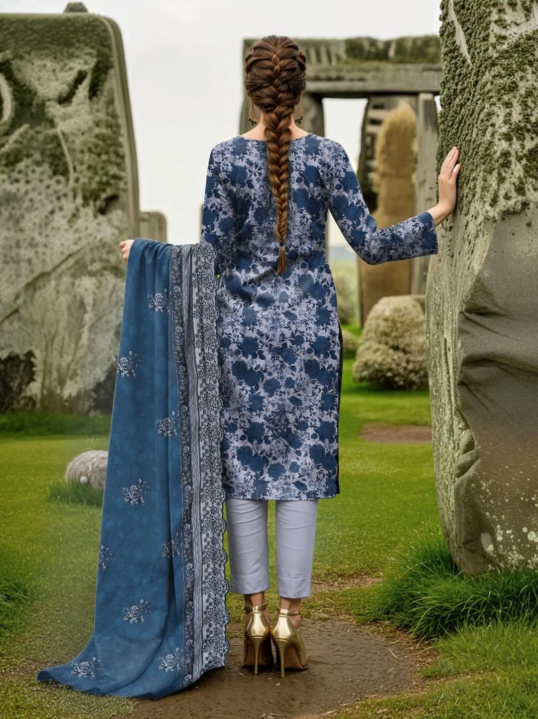Grey Printed Embroidered 3-Piece Lawn Suit for Women - Image 3