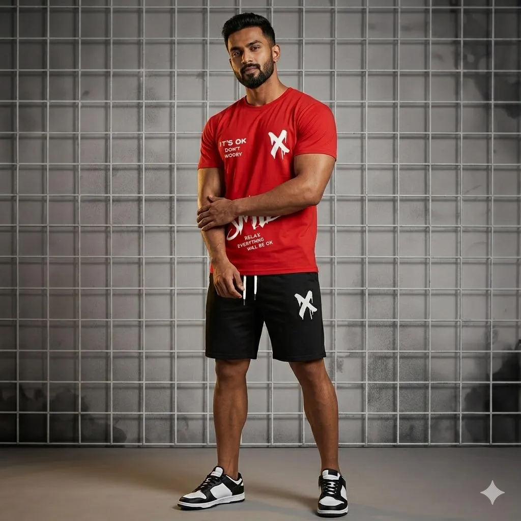 Men Printed Red Track Suit 2Pcs Polyester Summer - Image 3