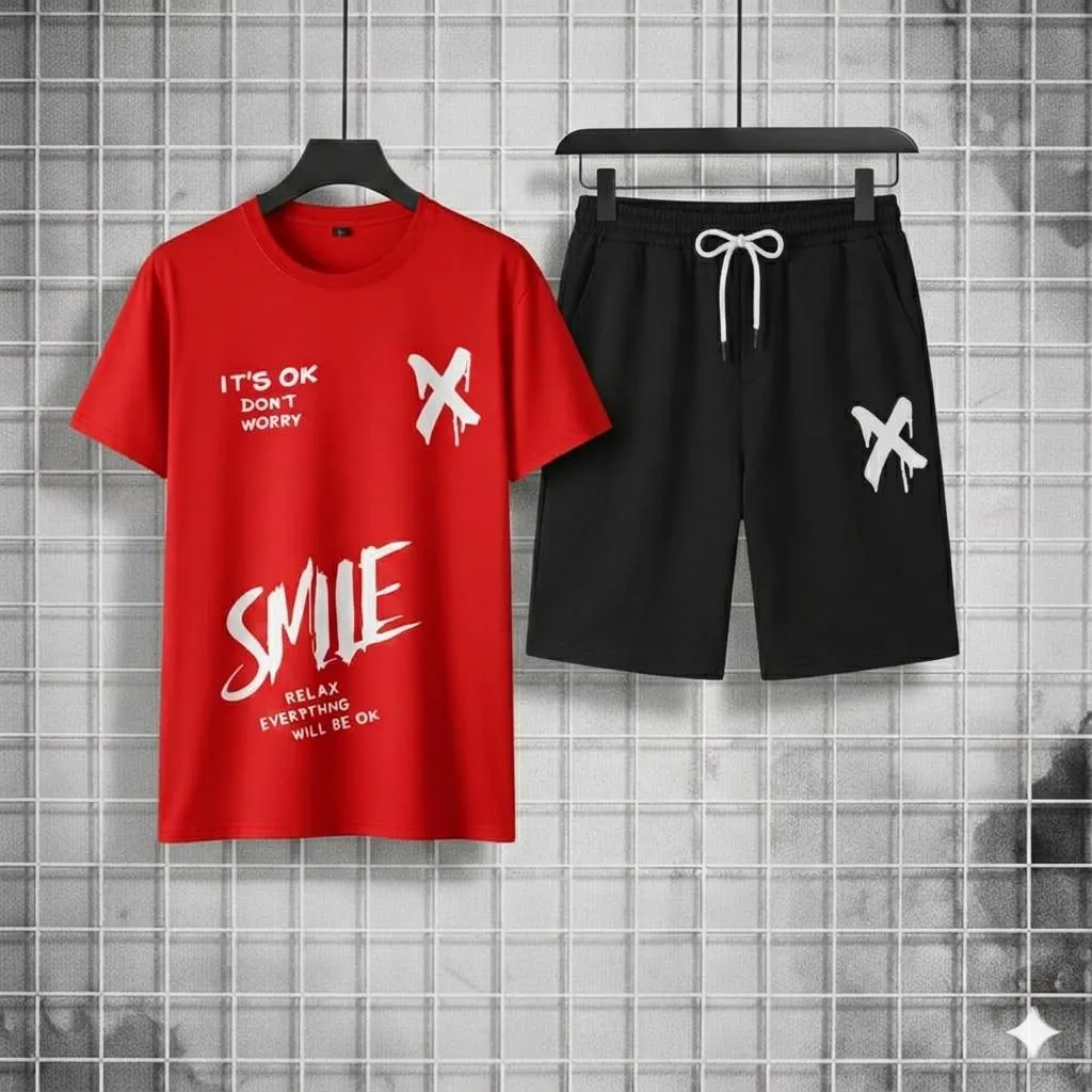 Men Printed Red Track Suit 2Pcs Polyester Summer