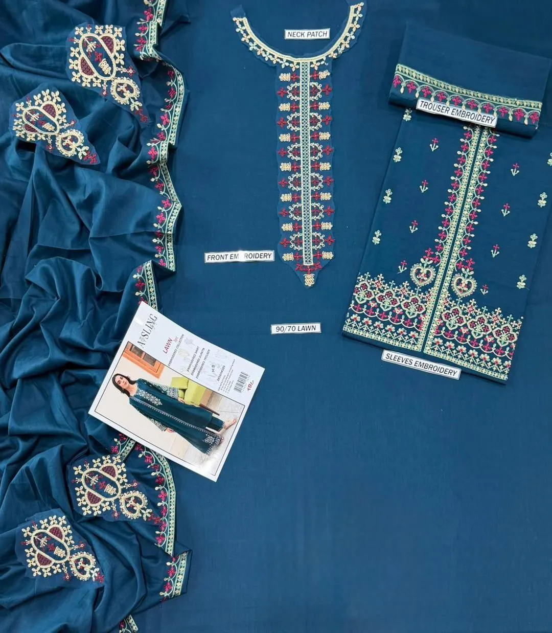 Embroidered Lawn Shirt with Printed Trouser & Diamond Dupatta - Image 3