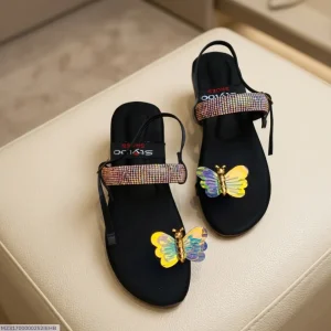 Women Butterfly Rhinestone Flat Sandals Black