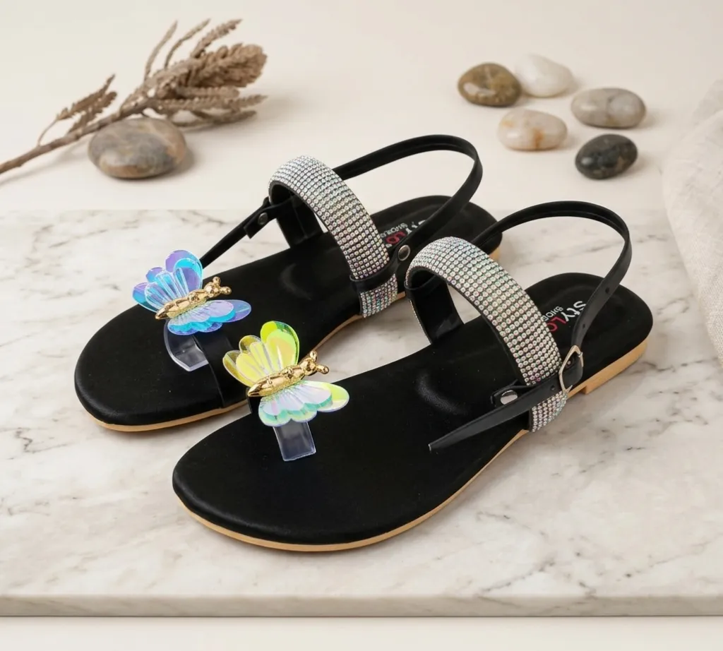 Women Butterfly Rhinestone Flat Sandals Black - Image 5