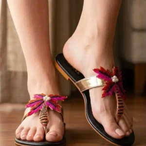 ZARA Embellished Flats for Women – Beaded Palm Leaf Toe Ring Sandals | Stylish Slip-On Casual Summer Flats | Ladies Fashion Sandals with Brand Box