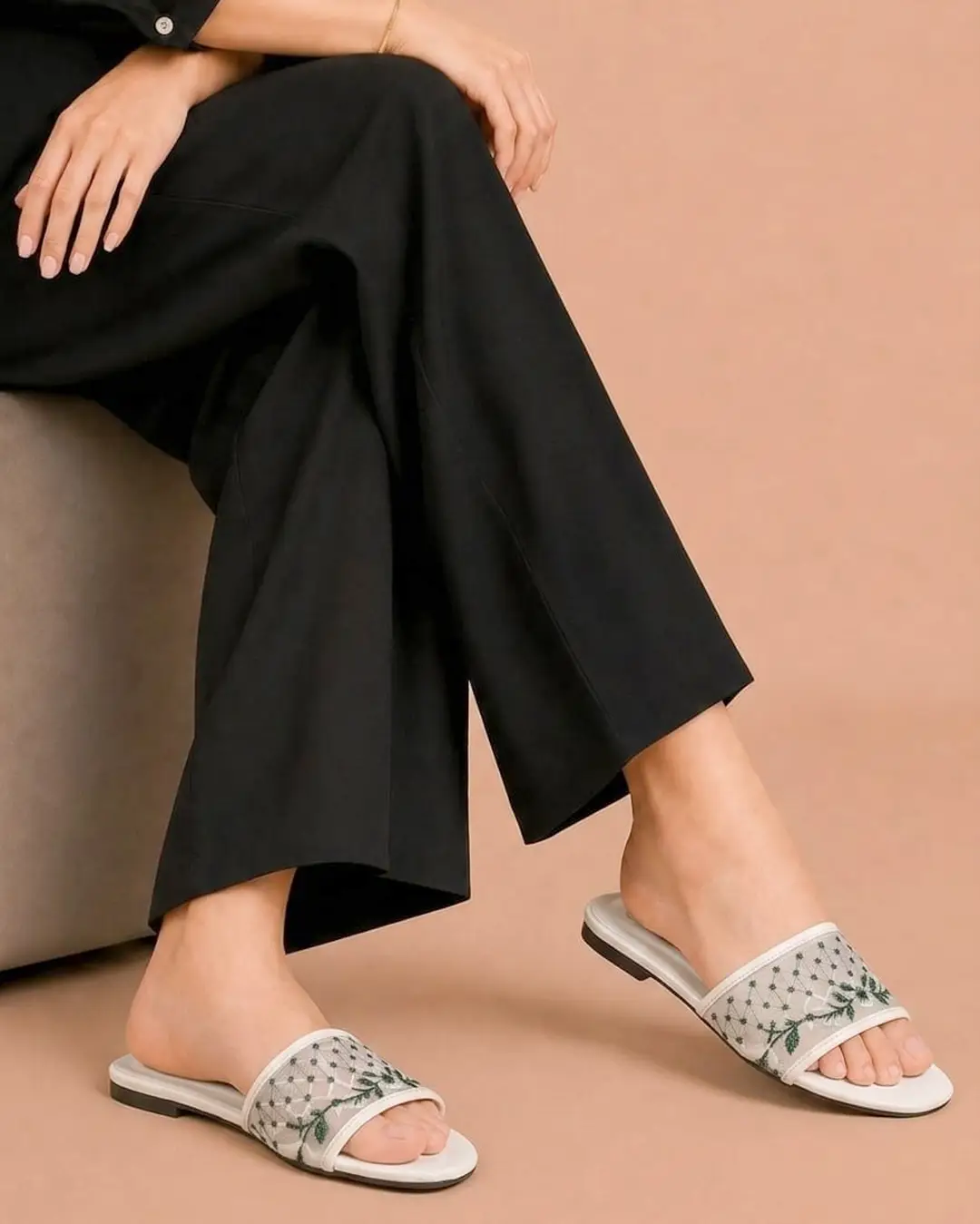 Women's Rexine Fancy Flats - 083 - 1 - Green & white - Image 2