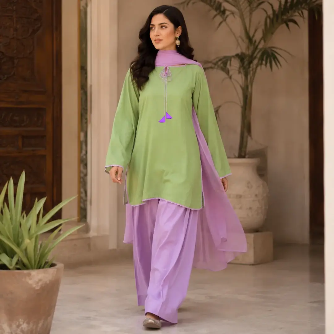 3 Pcs Women’s Stitched Cotton Plain Suit - Image 2