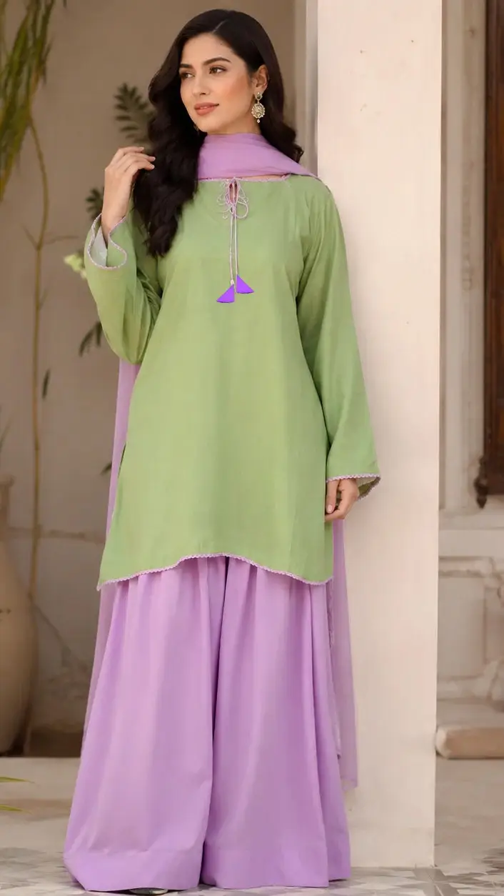 3 Pcs Women’s Stitched Cotton Plain Suit - Image 5