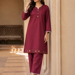 2 Pcs Women's Stitched Linen Plain Shirt And Trouser