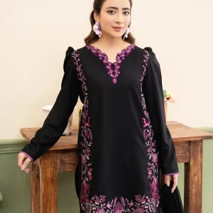 Stylish Black Cotton Embroidered Shirt And Trouser Set - 2 Pcs