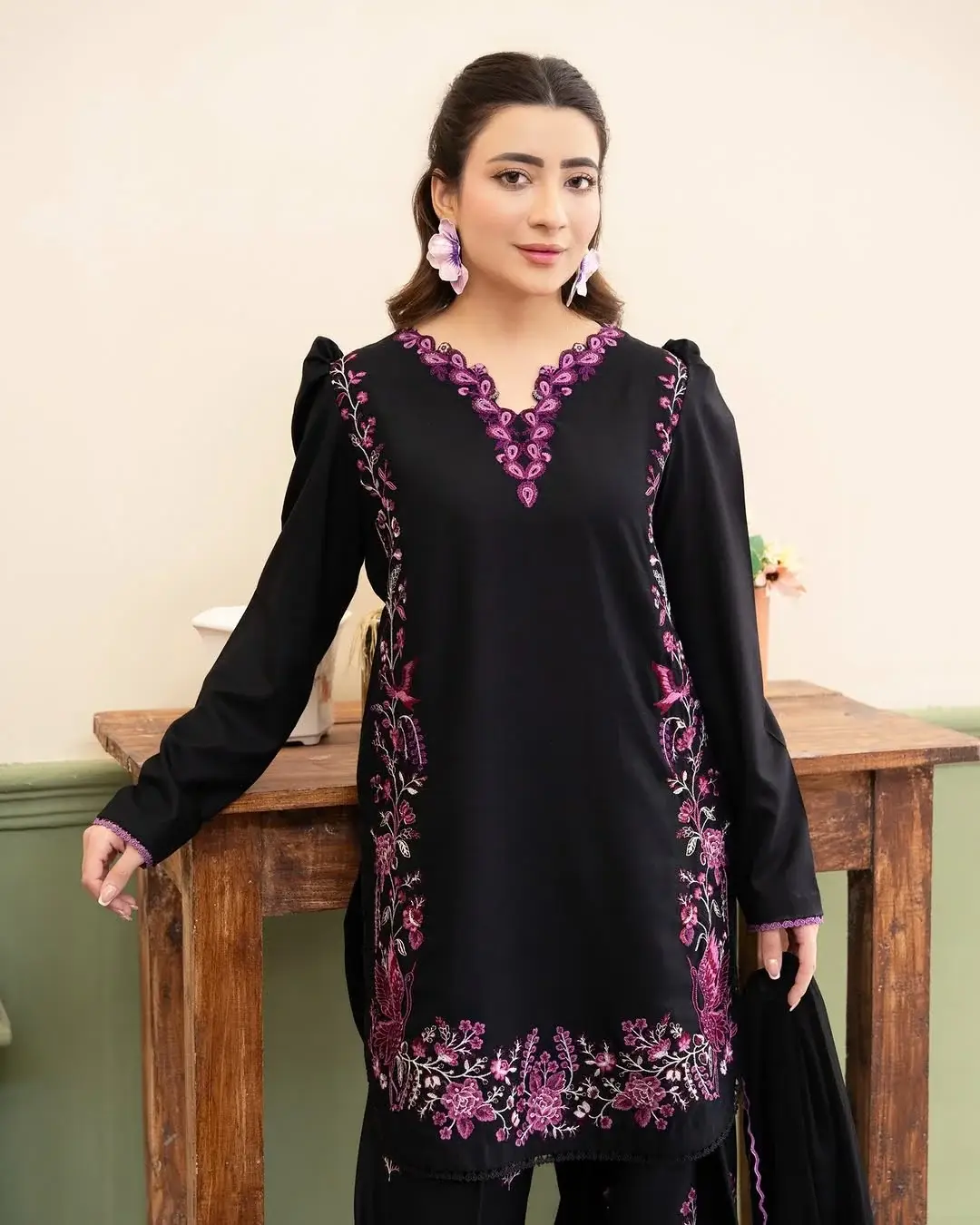 Stylish Black Cotton Embroidered Shirt And Trouser Set - 2 Pcs