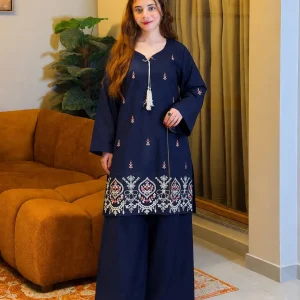 2 Pcs Women's Stitched Cotton Jacquard Embroidered Shirt And Trouser