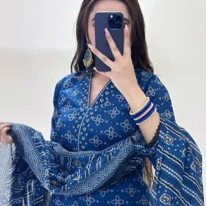 Stunning Women’s Stitched Suit with Digital Print – 3 Pcs in Blue