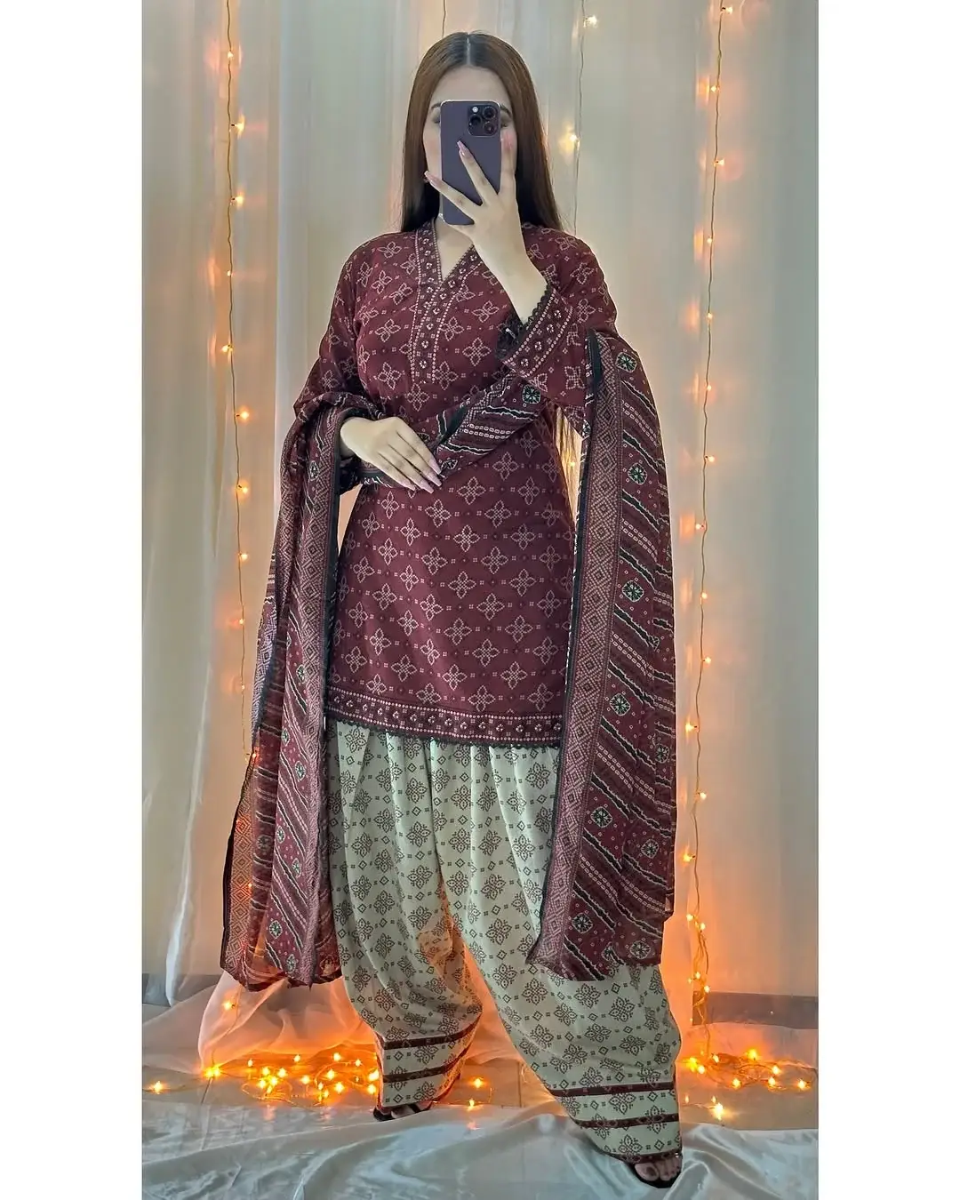 Stylish Women's Stitched Suit – 3 Pcs Digital Print in Maroon - Image 2
