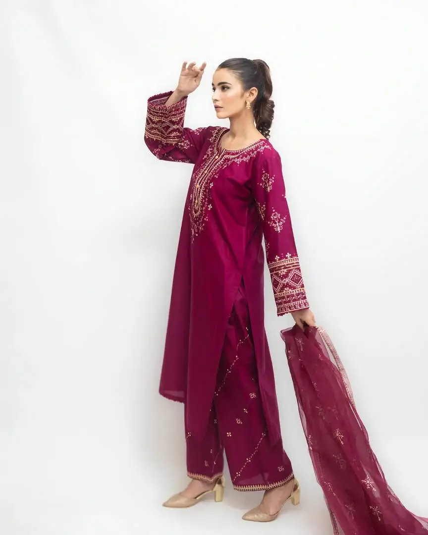Stunning Pink Embroidered Arabic Lawn Suit - 3 Pcs Set - Image 3