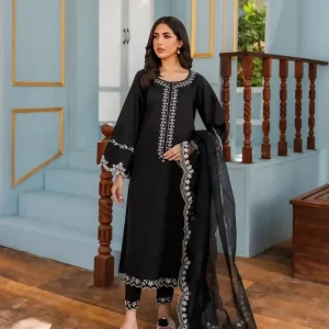 Embroidered Black Suit 3 Pcs Elegant Women's Stitched Attire