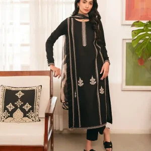 Women's Stitched Black Linen Suit with Embroidered Pattern - 3 Pcs