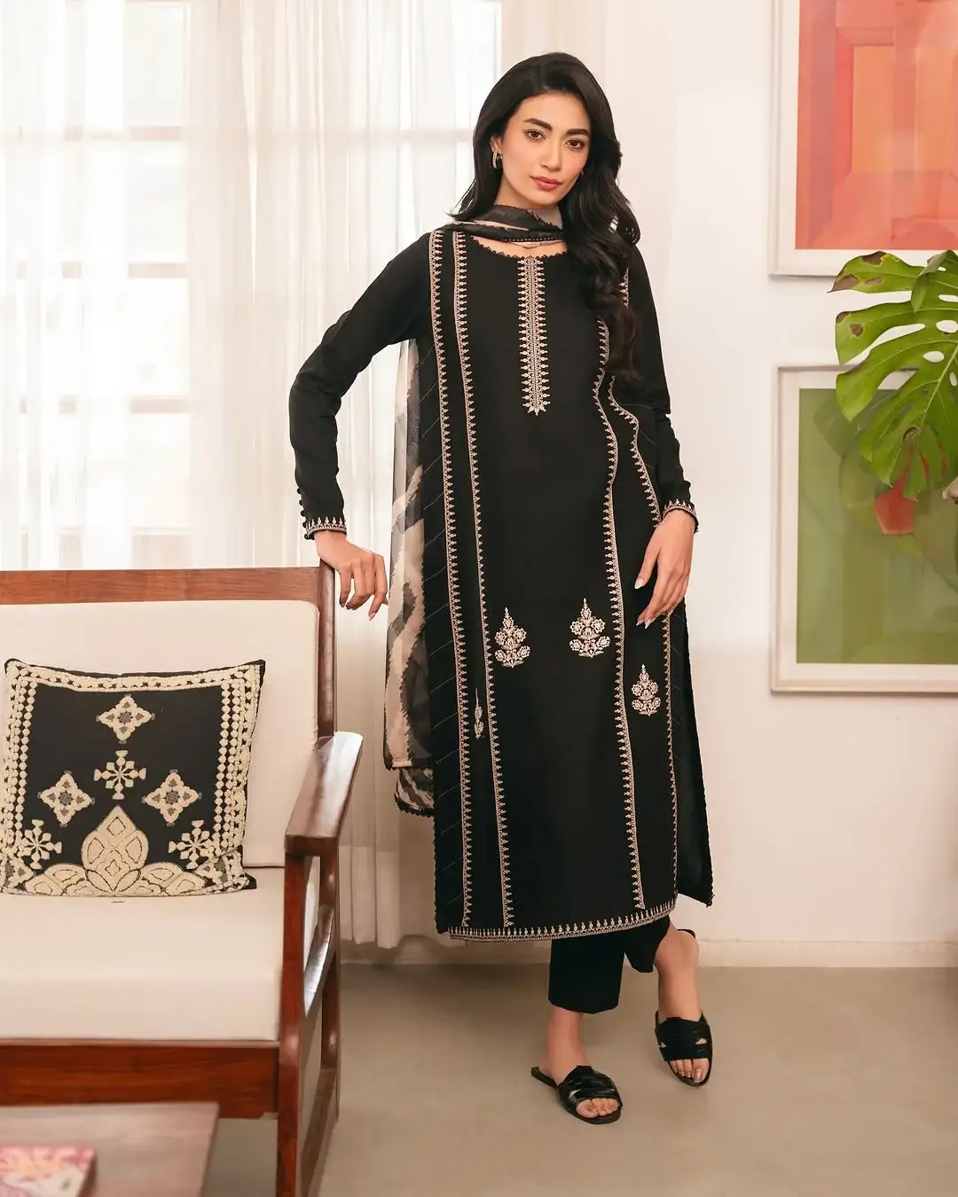 Women's Stitched Black Linen Suit with Embroidered Pattern - 3 Pcs